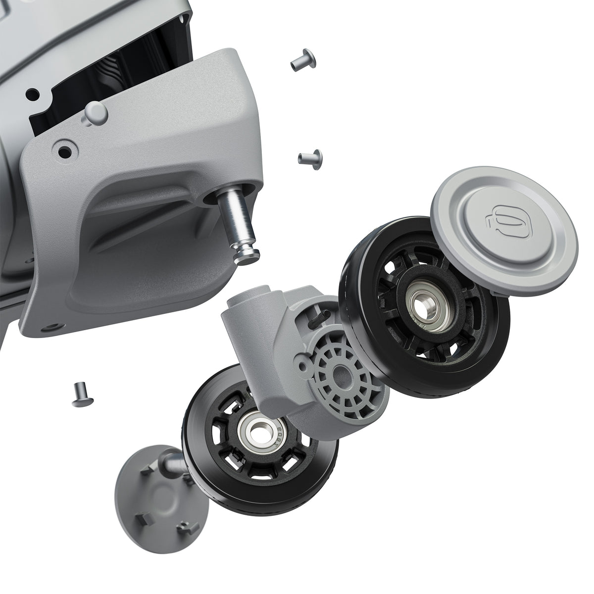 Exploded view of a Piquadro trolley's wheels