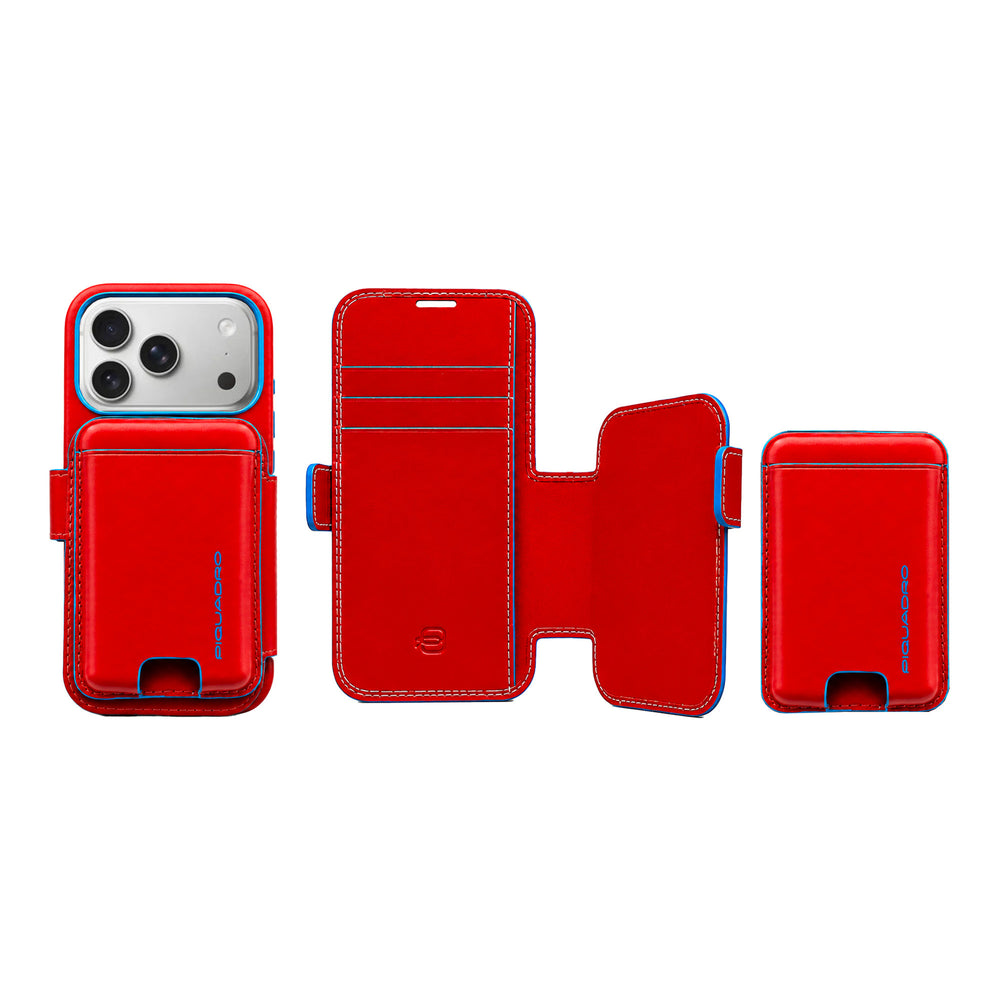 Red leather smartphone case with detachable MagSafe card holder
