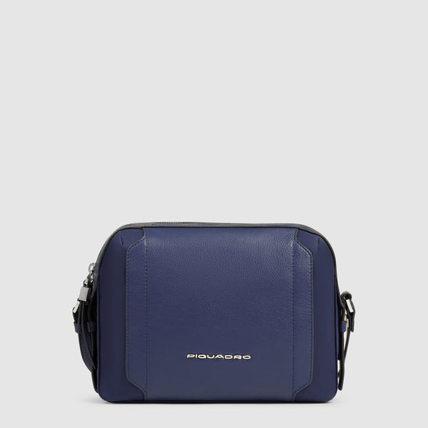 Torba na ramię typu camera bag ze skóry i tkaniny z recyklingu - Niebieski
