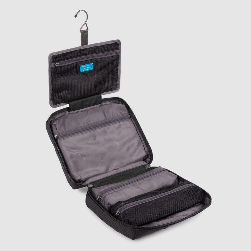 Hanging Toiletry Bag in Recycled Nylon and Leather - Black - photo 2