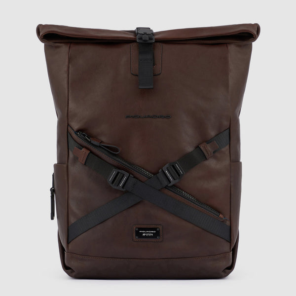 Roll-Top Leather Backpack for 15.6" Laptop - Dark brown