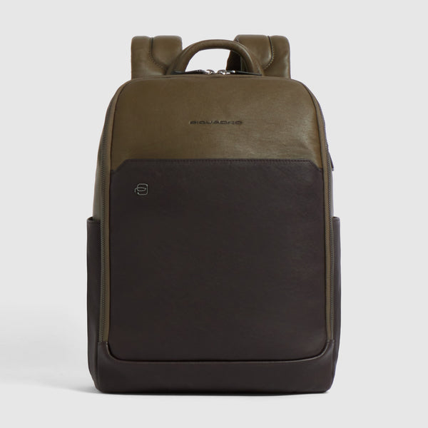 Leather Laptop Backpack 15.6" Black Square - Green/Dark brown