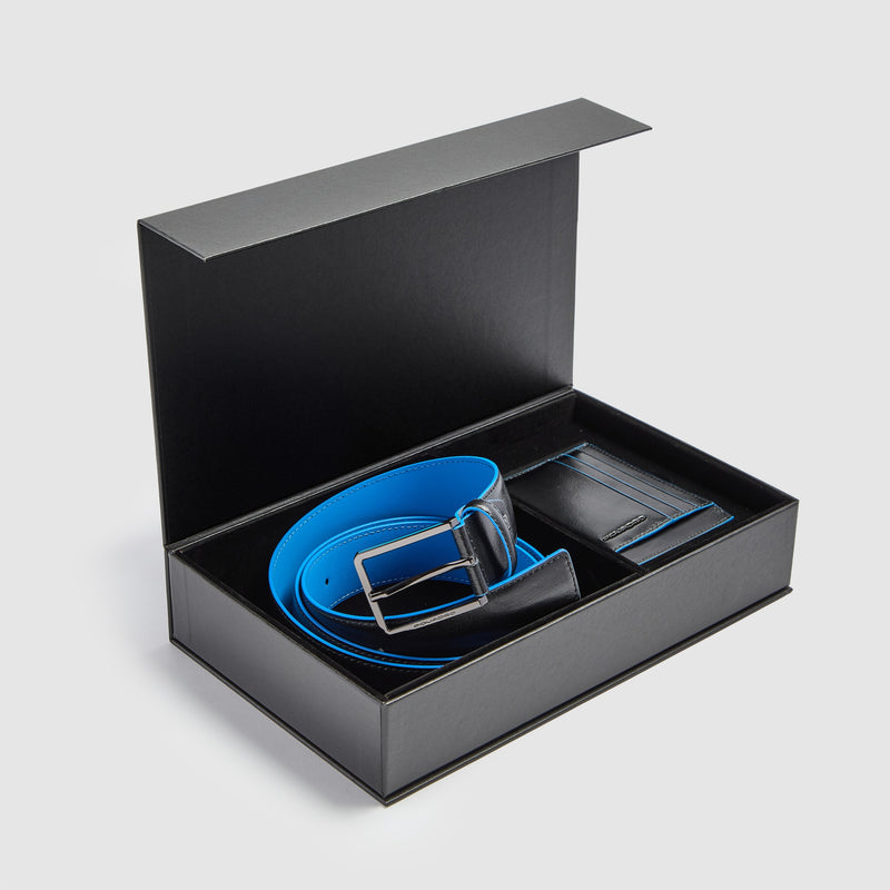 Men's Leather Belt and RFID Card Holder Gift Box - Black