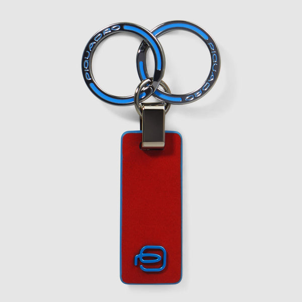 Two-Ring Leather Keychain - Blue Square - Orange