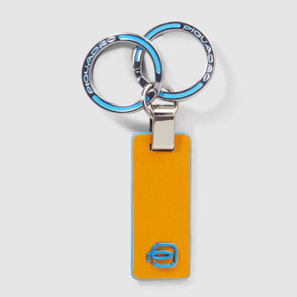 Two-Ring Leather Keychain - Blue Square - Yellow