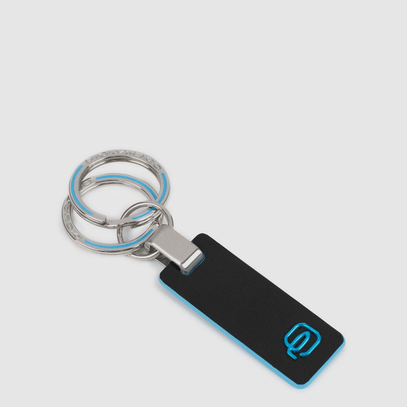 Two-Ring Leather Keychain - Blue Square - Black