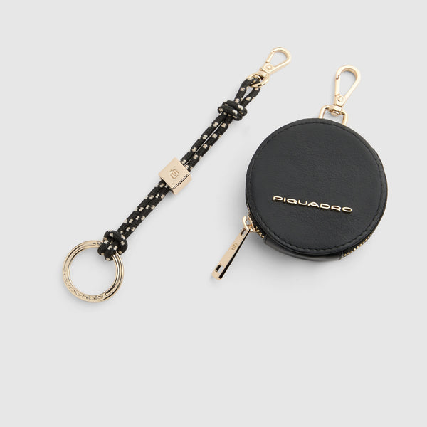 Leather and Textile Keyring with Coin Purse - Black - photo 2