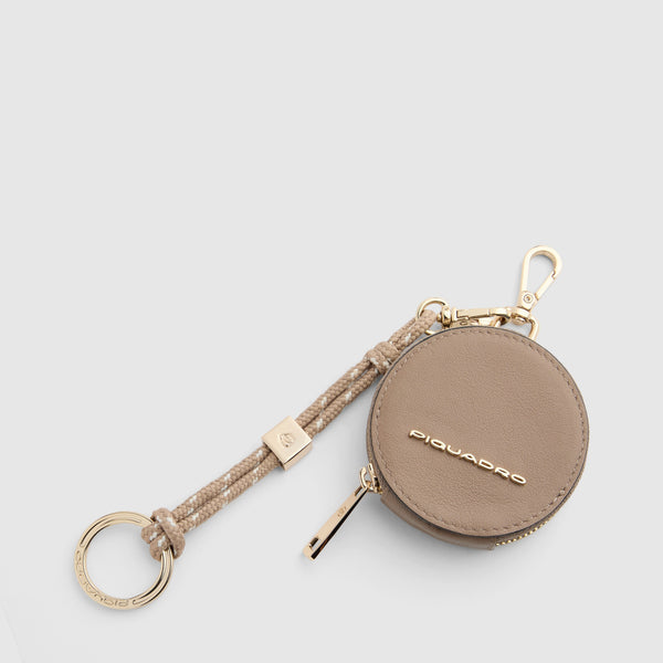 Leather and Textile Keyring with Coin Purse - Taupe/Blue