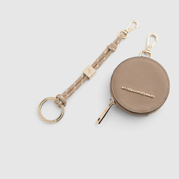 Leather and Textile Keyring with Coin Purse - Taupe/Blue - photo 2