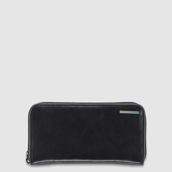Women's Zip-Around Leather Wallet with 11 Card Slots - Black